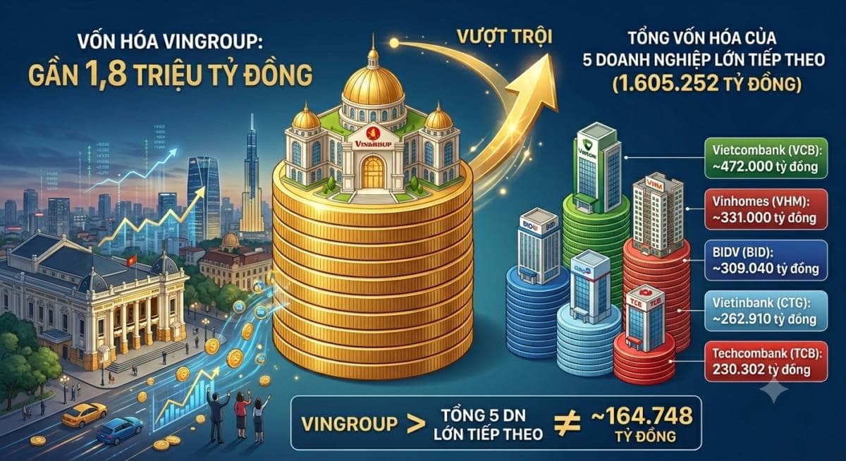 Vốn hóa của VinGroup bằng cả 5 doanh nghiệp phía sau cộng lại