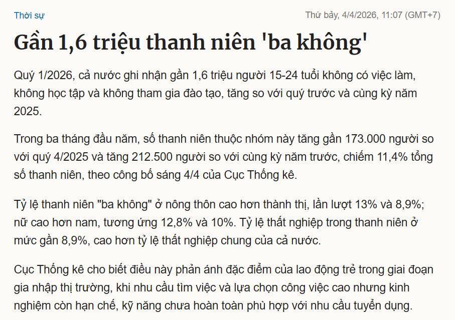 Ai thực sự thương tiếc cho thế hệ trẻ và người lao động nghèo đây?. Con số 1,6 triệu thanh niên ba không  ...
