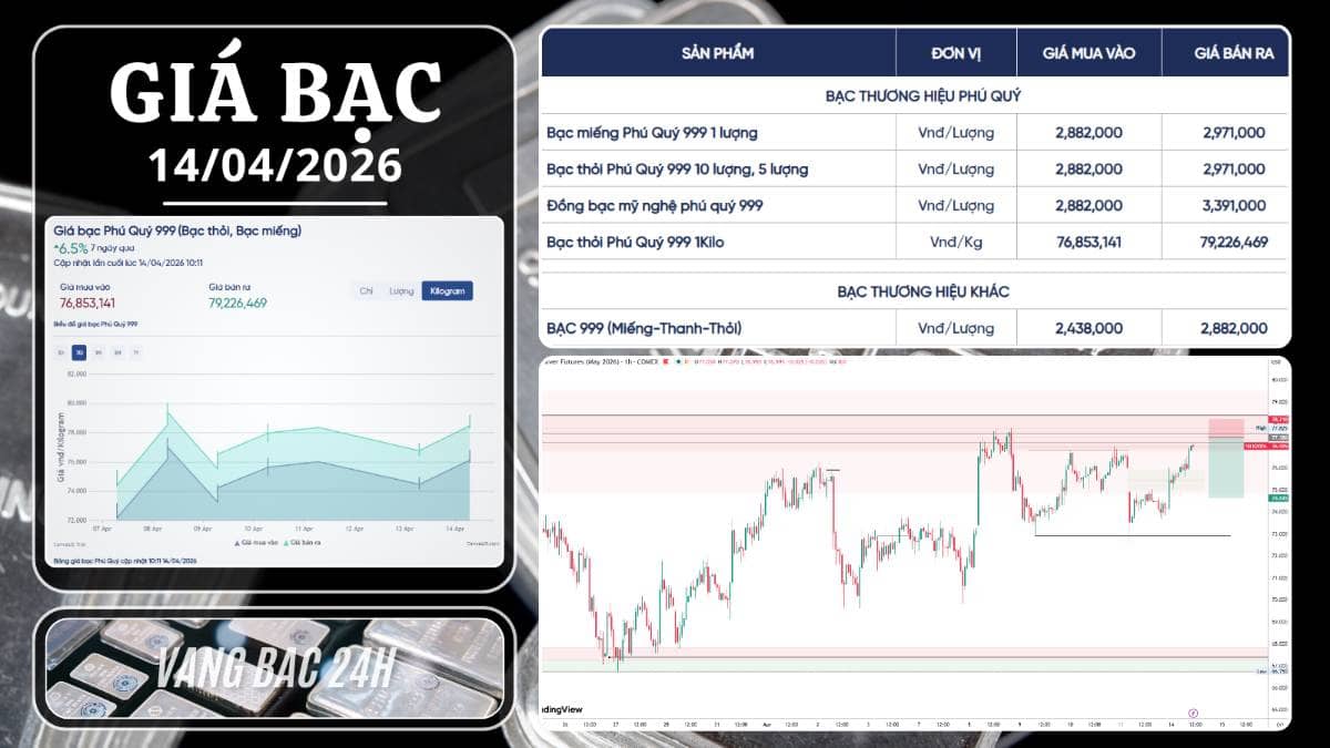 Bạc 14/04/2026: Đang giá 76 USD