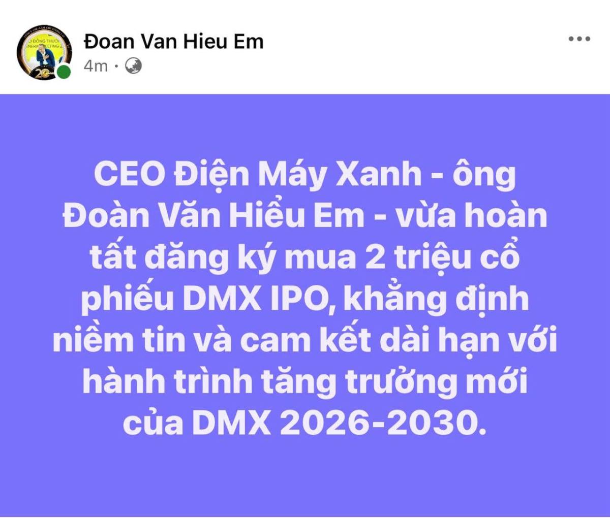ông Đoàn Văn Hiểu Em - CEO DMX vừa đăng ký mua 2 triệu cổ phiếu DMX!!.  ...
