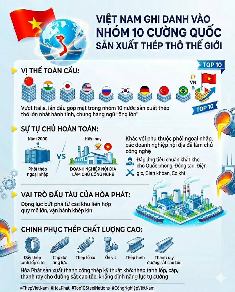 Việt Nam thăng hạng, gia nhập nhóm 10 cường quốc sản xuất thép thế giới