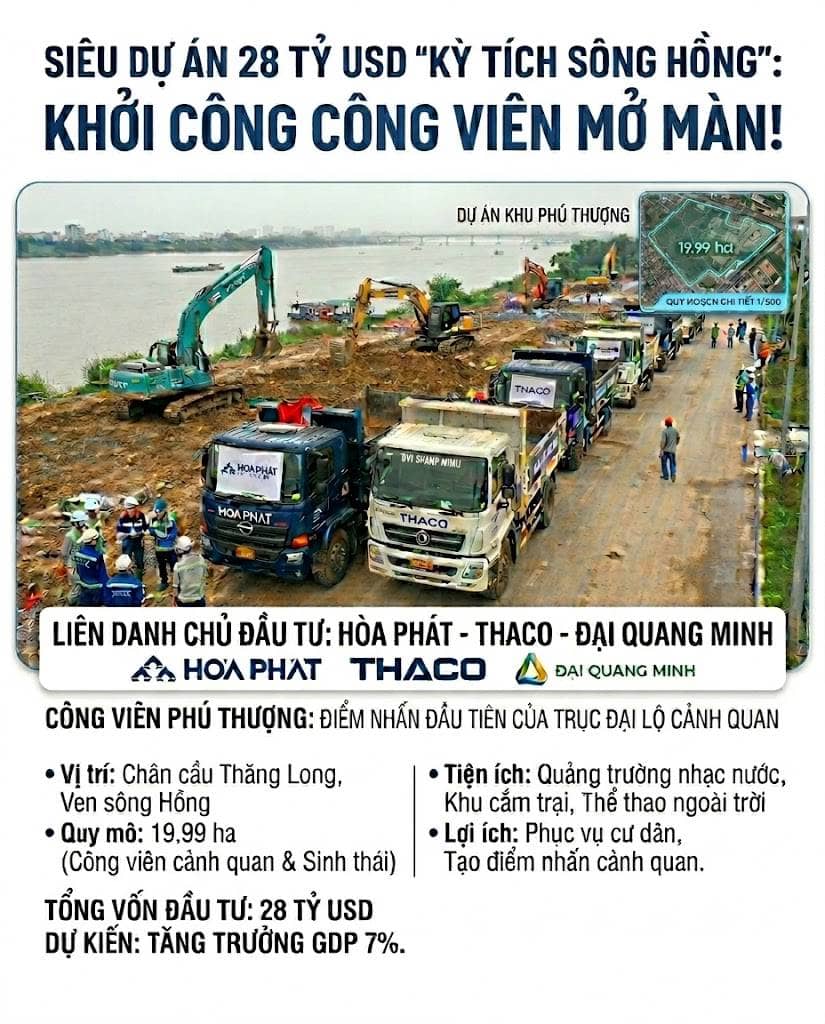 Triển khai thi công công viên mở màn cho đại dự án 28 tỷ USD "kỳ tích sông Hồng" của liên danh Hòa Phát - THACO - Đại Quang Minh