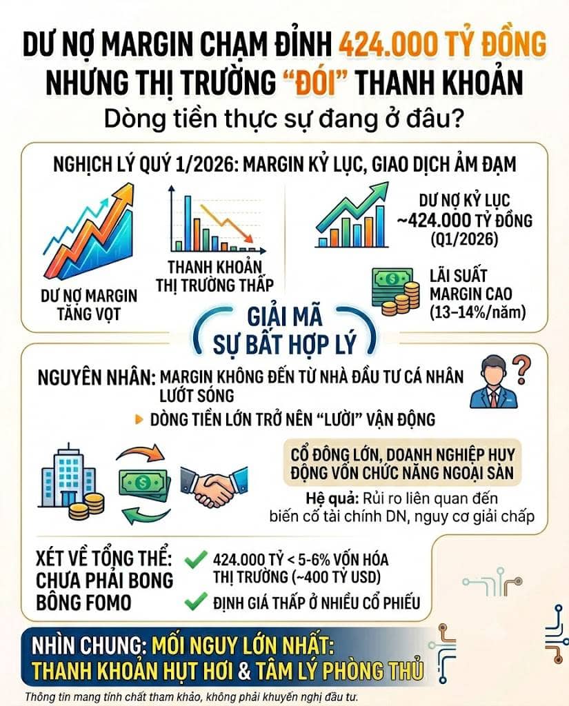 Dư nợ margin chạm đỉnh 424.000 tỷ đồng nhưng thị trường "đói" thanh khoản: Dòng tiền thực sự đang ở đâu?