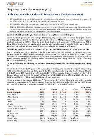 PLC: Báo cáo cập nhật KQKD Q2/2026