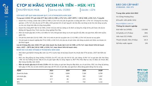 HT1: Khuyến nghị MUA với giá mục tiêu 15,900 đồng/cổ phiếu