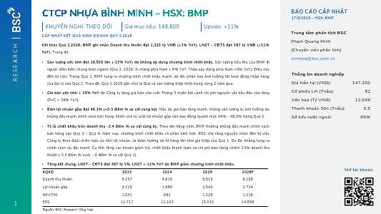 BMP: Khuyến nghị THEO DÕI với giá mục tiêu 148,600 đồng/cổ phiếu