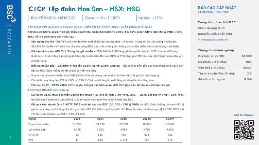 HSG: Khuyến nghị NẮM GIỮ với giá mục tiêu 11,800 đồng/cổ phiếu