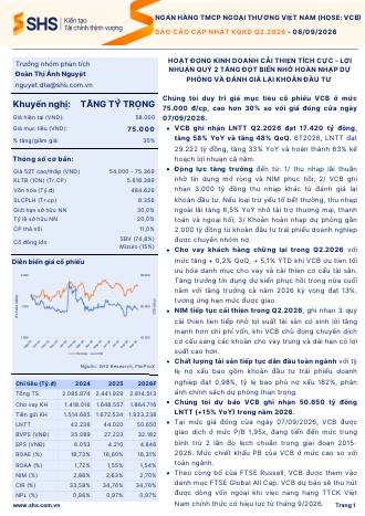 VCB: Khuyến nghị TĂNG TỶ TRỌNG với giá mục tiêu 75,000 đồng/cổ phiếu