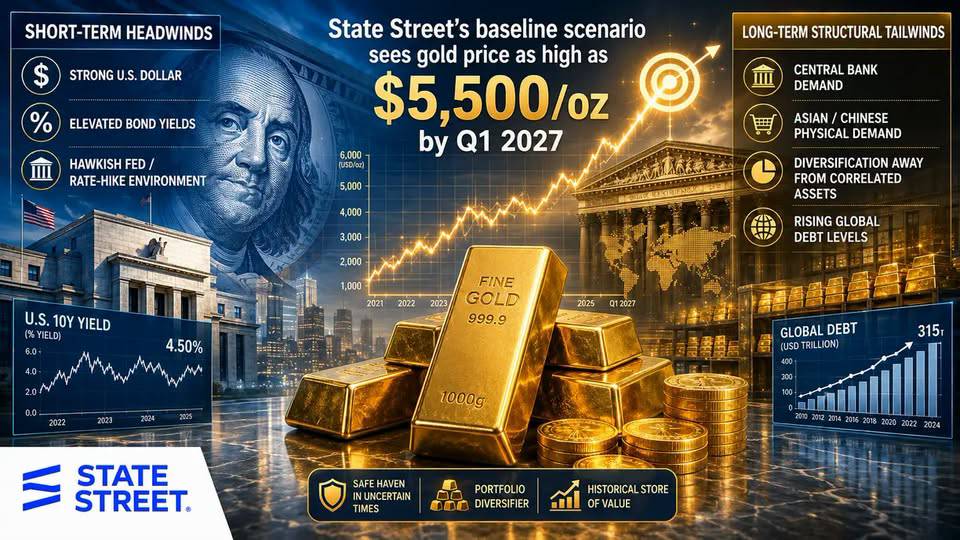 Dự báo từ State Street: Giá vàng có thể chạm mốc 5.500 USD/ounce vào đầu năm 2027