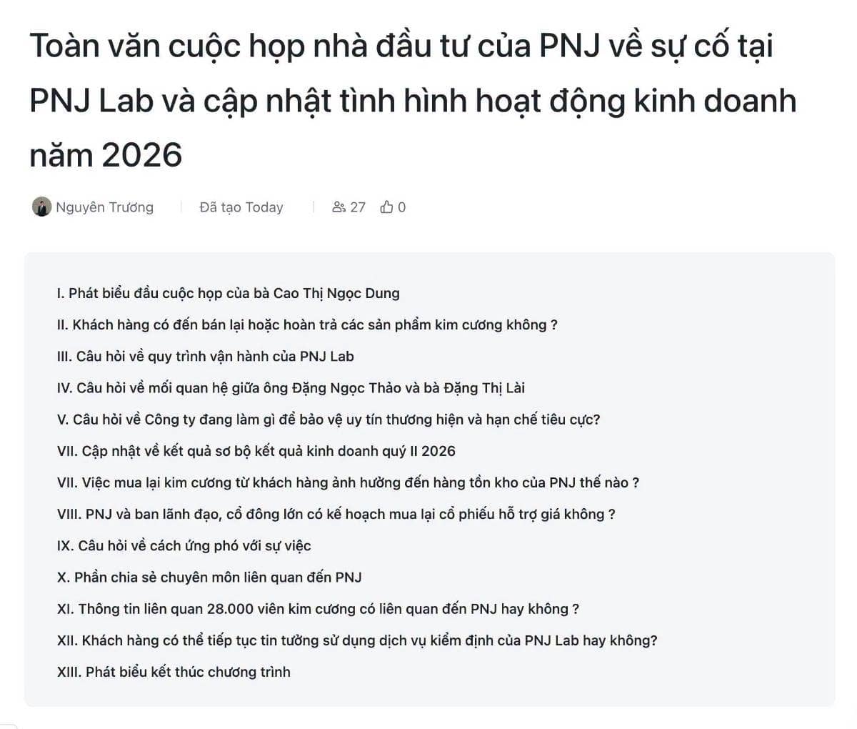 Toàn văn cuộc họp nhà đầu tư của PNJ về sự cố tại PNJ Lab và cập nhật tình hình hoạt động kinh doanh  ...