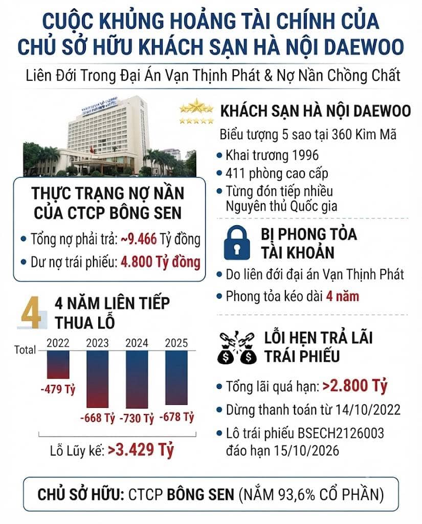 Nợ hơn 9.000 tỷ đồng cùng lệnh phong tỏa tài khoản kéo dài 4 năm vì đại án Vạn Thịnh Phát đã đẩy chủ khách sạn Daewoo vào tình cảnh khó khăn