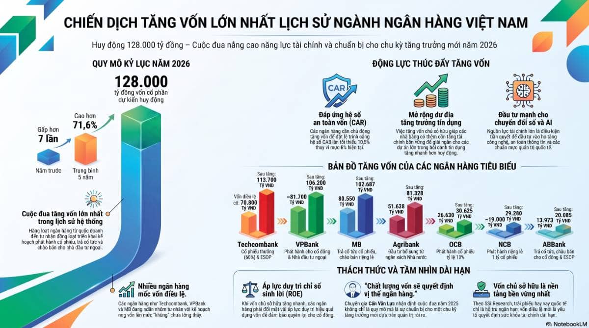 Ngân hàng tăng vốn kỷ lục: Chuẩn bị nền vốn cho chu kỳ tăng trưởng mới