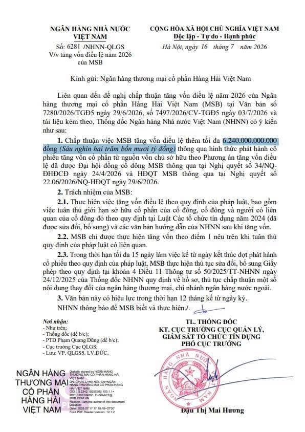 MSB - NHNN chấp thuận tăng vốn lên tối đa 37.440 tỷ. - Ngày 16/07, Ngân hàng Nhà nước đã có văn bản  ...