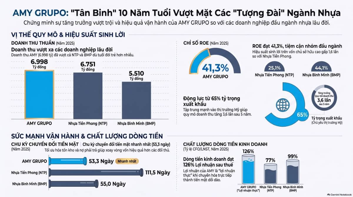 AMY GRUPO: Vượt quy mô hai "ông lớn" ngành nhựa, ROE tiệm cận đầu ngành, dòng tiền kinh doanh vượt trội.  ...