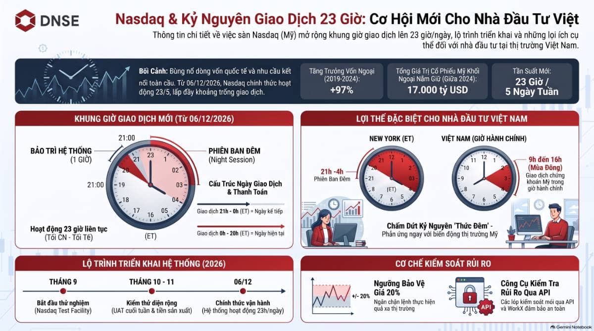 Nasdaq giao dịch 23 giờ: Phố Wall bước vào kỷ nguyên “không ngủ”