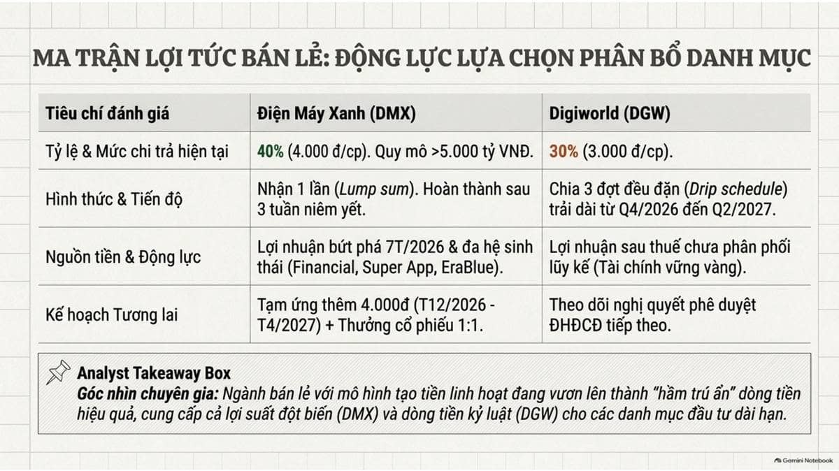 Tóm tắt chuyển động cổ tức ngành bán lẻ công nghệ (DMX & DGW) cuối tháng 08/2026:. ----------. Ngày  ...