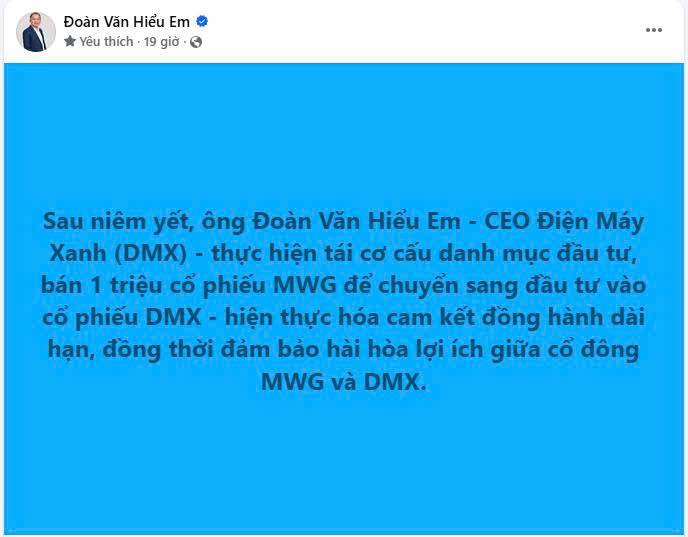 Ông Đoàn Văn Hiểu Em đăng ký bán 1 triệu cổ phiếu MWG để gia tăng tỷ trọng tại DMX.. Dự kiến giao dịch  ...