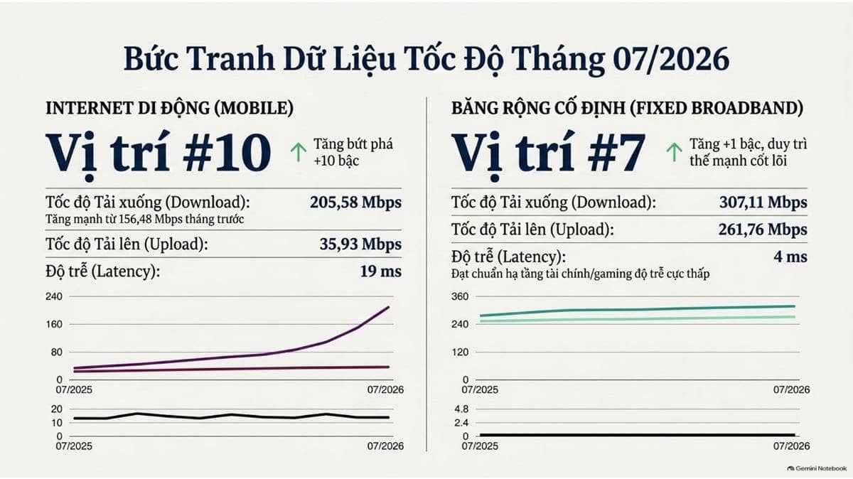 Trong tháng 7/2026, hạ tầng Internet Việt Nam ghi nhận bước tiến lịch sử khi lần đầu tiên đồng thời lọt vào Top 10 toàn cầu ở cả hai loại hình kết nối di động và cố định theo bảng xếp hạng Speedtest G