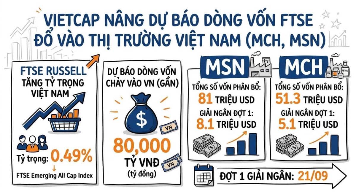 Vietcap nâng dự báo dòng vốn FTSE đổ vào MCH, MSN