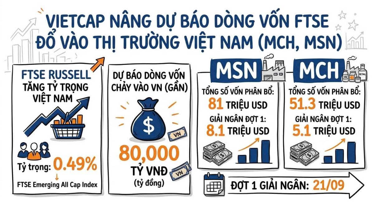 Vietcap nâng dự báo dòng vốn FTSE đổ vào MCH, MSN