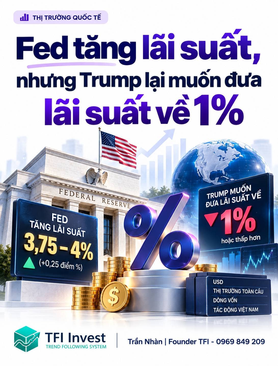 Fed tăng lãi suất, nhưng ông Trump lại muốn đưa lãi suất về 1%