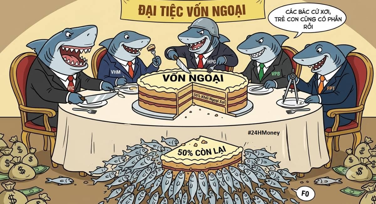 Nghe chuyên gia nói mấy anh cá mập vic, vhm, hpg, vpb và fpt sẽ xơi 50% dòng vốn ngoại mới. phần còn lại cá nhỡ và cá con chia nhau