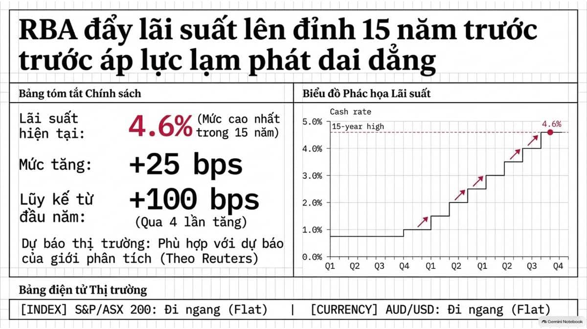 Ngân hàng Trung ương Australia (RBA) nâng lãi suất lên mức cao nhất trong 15 năm qua
