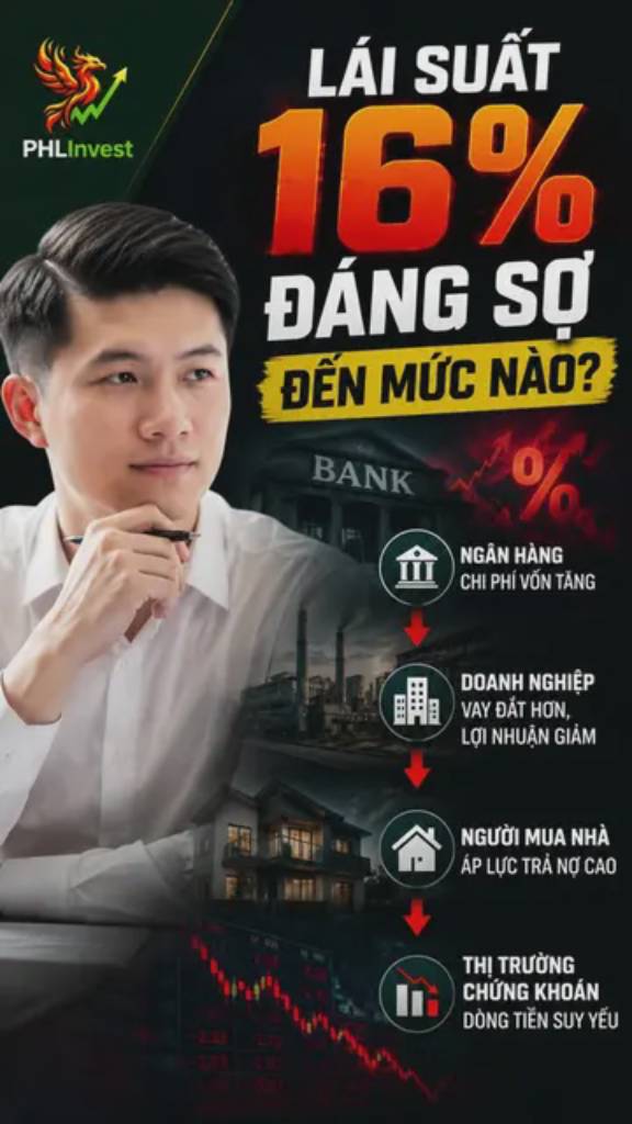 16% không chỉ là lãi suất. 

Nó khiến cho: 
* Doanh nghiệp giảm lợi nhuận. 
* Người mua nhà tăng áp lực trả nợ. 
* Dòng tiền rời khỏi tài sản rủi ro. 

Một con số, nhưng tác động đến cả nền kinh tế. Anh/chị nghĩ lãi suất đã tạo đỉnh chưa?  Hãy cmt ở dưới nhé 
 