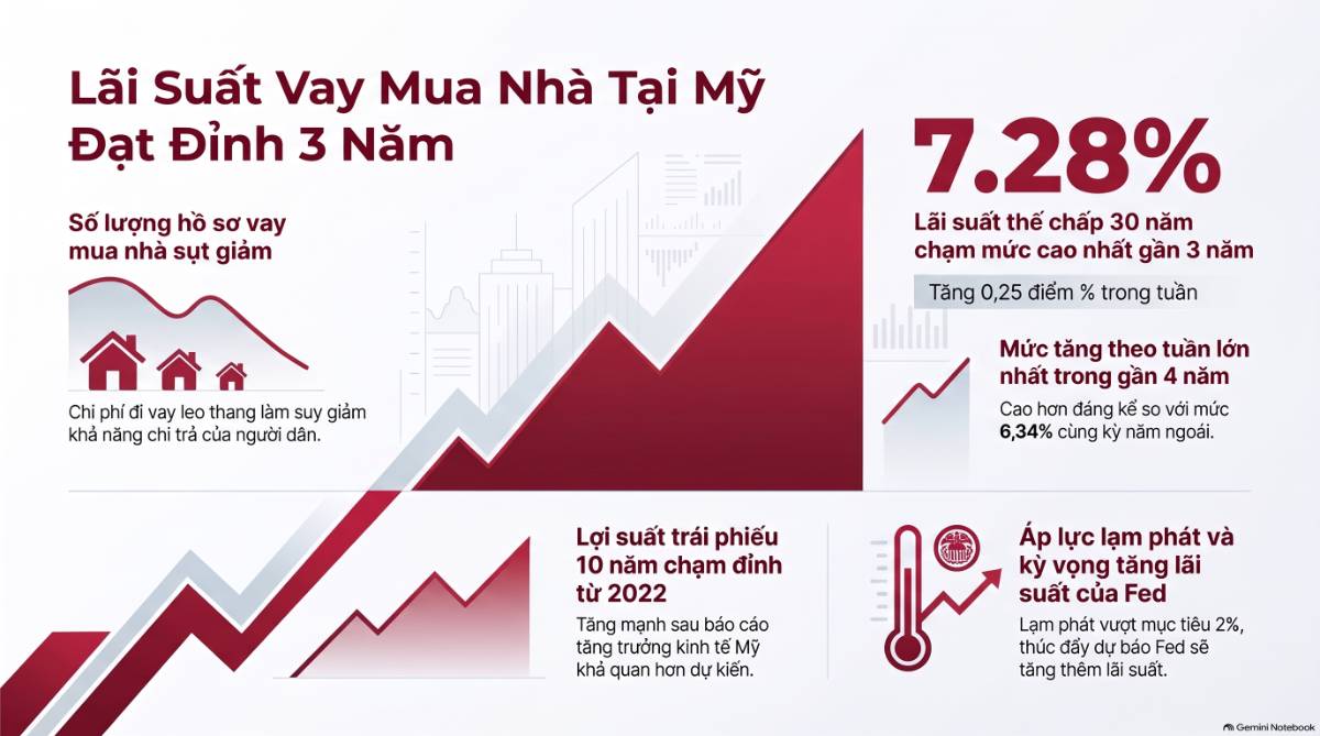 Lãi suất vay mua nhà Mỹ lên 7,28%:  Áp lực lớn, nhưng chưa phải “2007 lần hai”