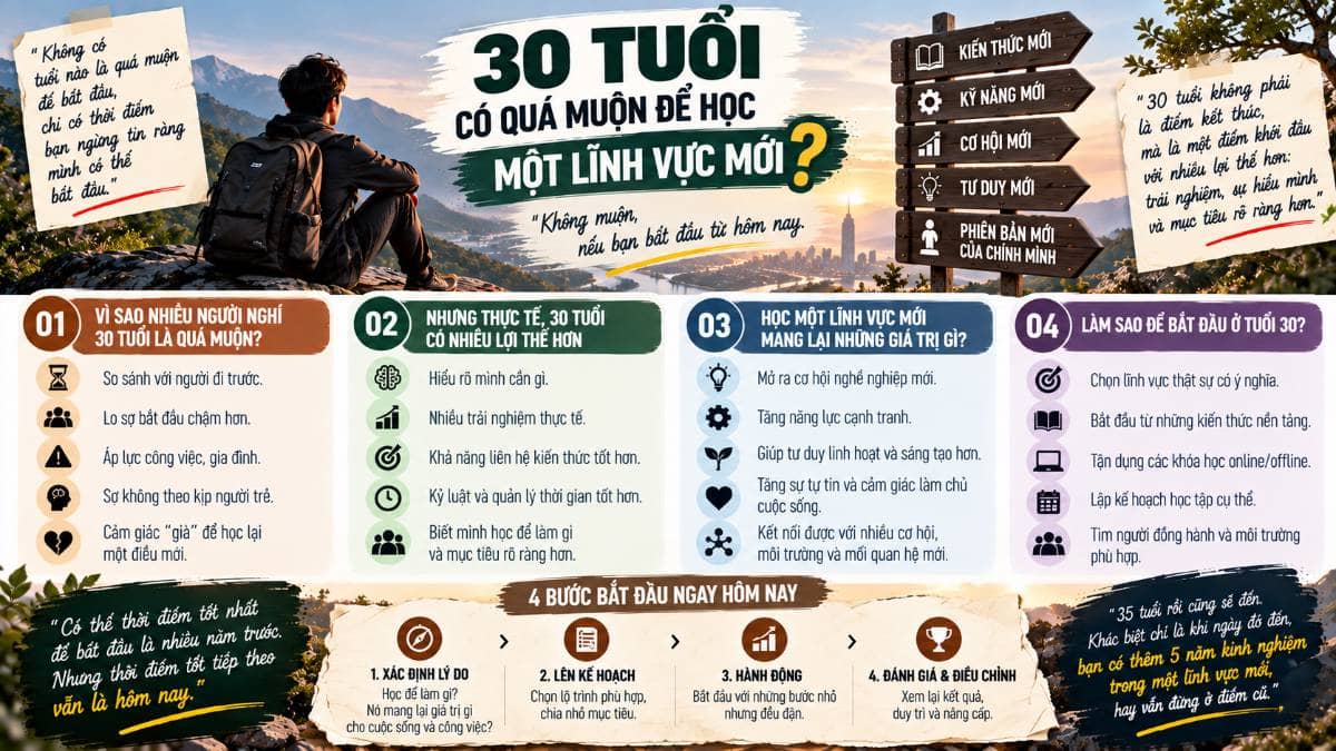 30 TUỔI CÓ QUÁ MUỘN ĐỂ HỌC MỘT LĨNH VỰC MỚI?. Có một suy nghĩ khiến nhiều người ngại bắt đầu:. “Bây  ...