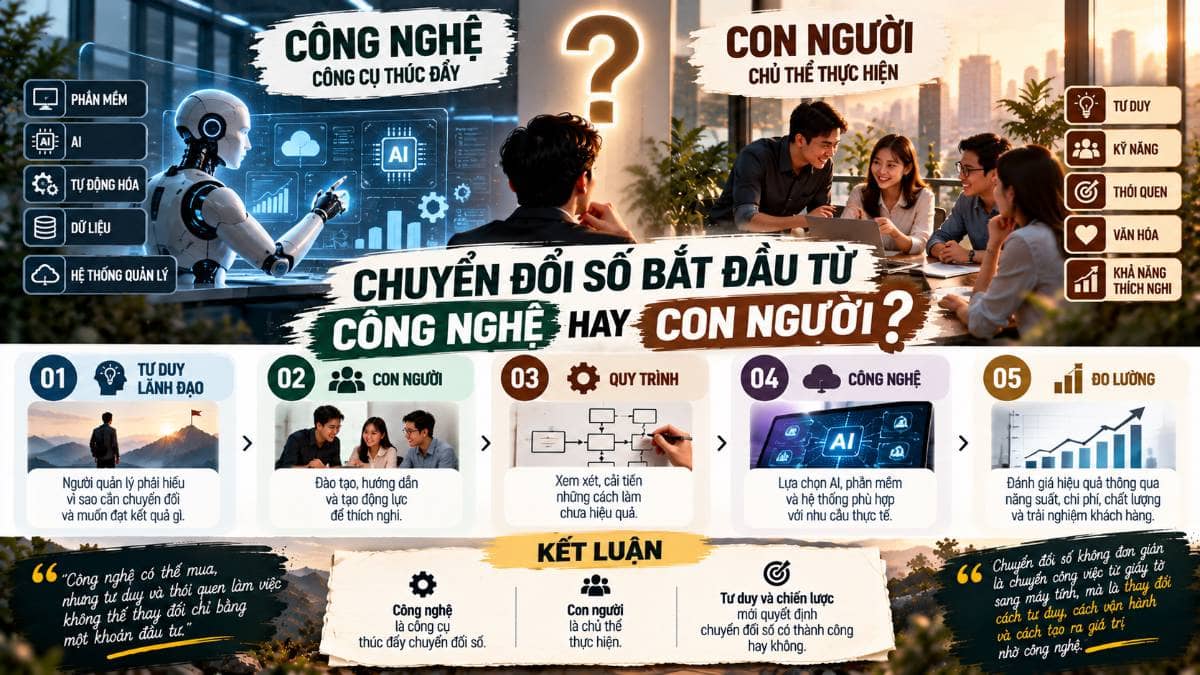 CHUYỂN ĐỔI SỐ BẮT ĐẦU TỪ CÔNG NGHỆ HAY CON NGƯỜI?. Khi nhắc đến chuyển đổi số, nhiều doanh nghiệp thường  ...