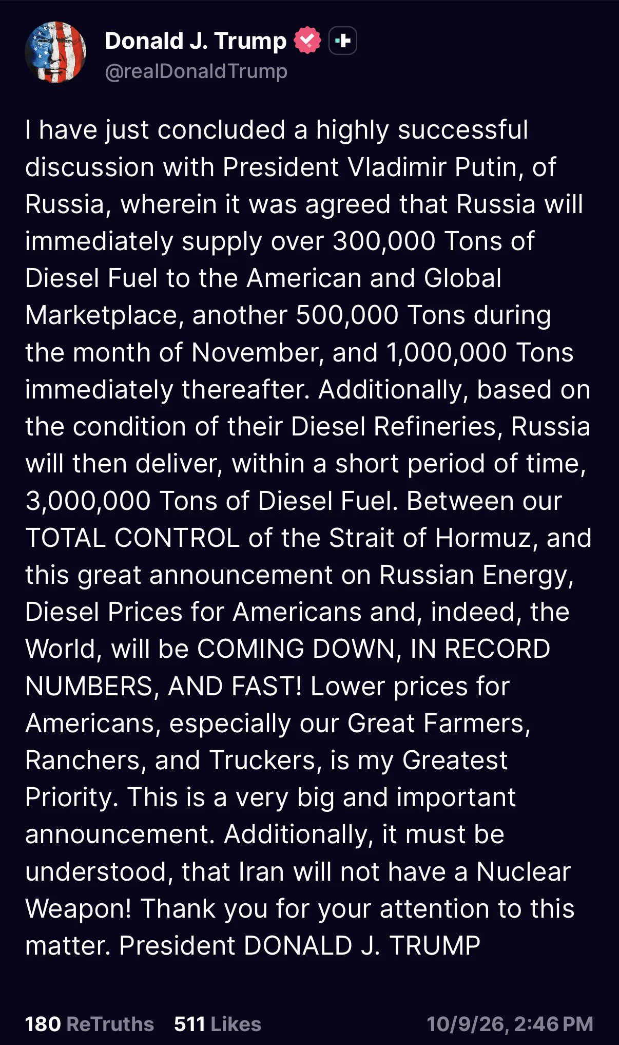 Tổng thống trump cho biết tổng thống nga putin đã đồng ý cung cấp 3 triệu tấn dầu diesel cho mỹ. 