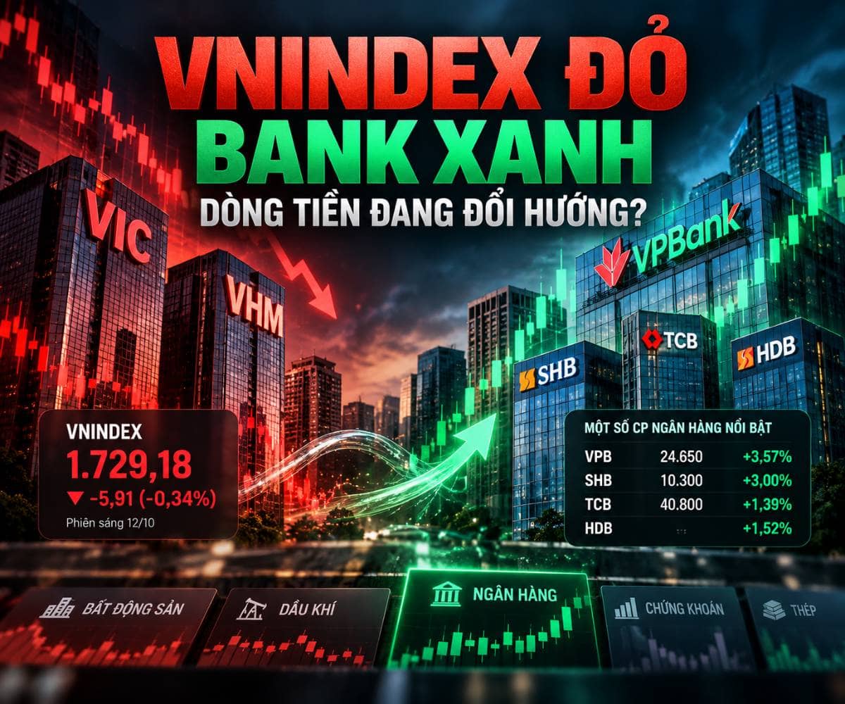 Thị trường 12/10 phân hóa: Nhóm ngân hàng nổi bật trong khi cổ phiếu vốn hóa lớn gây áp lực lên VNINDEX.  ...