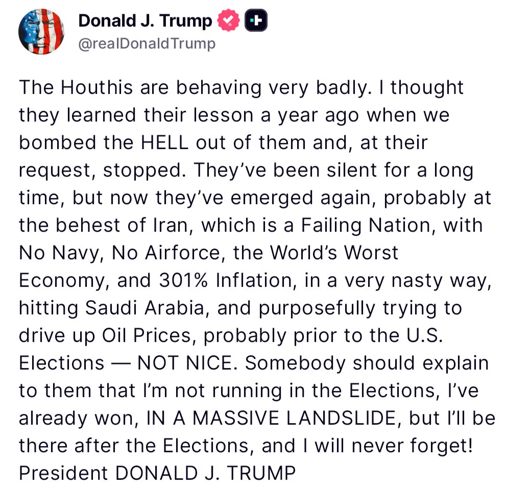 Tổng thống Trump vừa nói:. Các lực lượng Houthi đang hành xử rất tồi tệ, và đang cố gắng đẩy giá dầu  ...