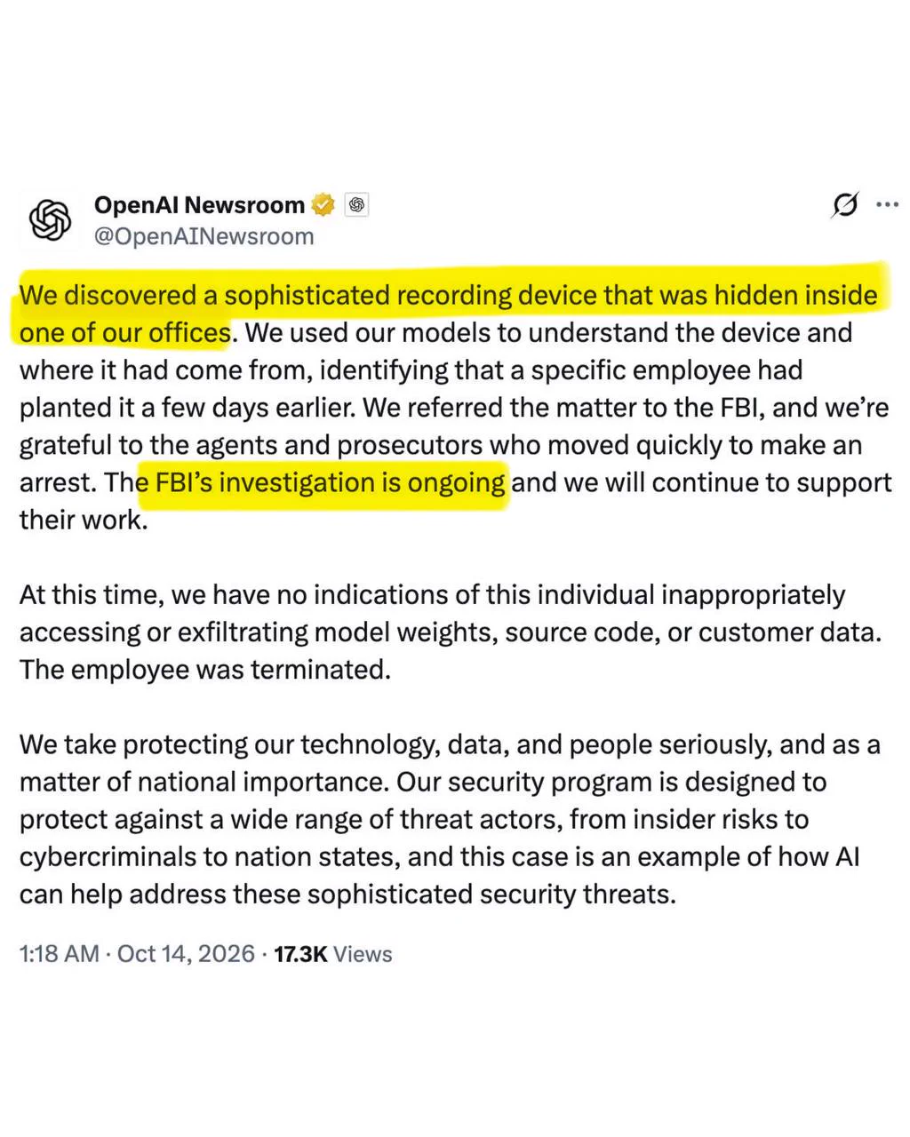 TIN NÓNG: FBI đã bắt giữ một nhân viên của OpenAI vì đã lén lút gắn thiết bị ghi âm bên trong văn phòng  ...