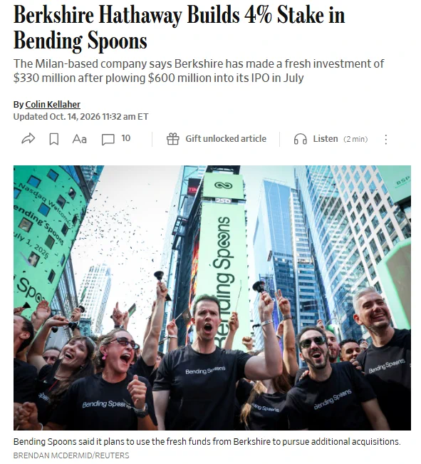 Berkshire Hathaway Insider Buy Alert 🚨. Bending Spoons $BSP tăng vọt hơn 40% sau khi nhận được khoản  ...