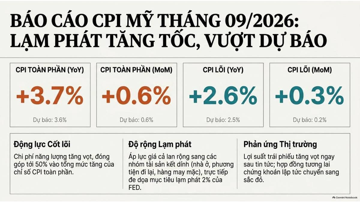Báo cáo từ Bộ Lao động Mỹ ghi nhận chỉ số giá tiêu dùng (CPI) tháng 9/2026 tăng 0,6% MoM và 3,7% YoY  ...