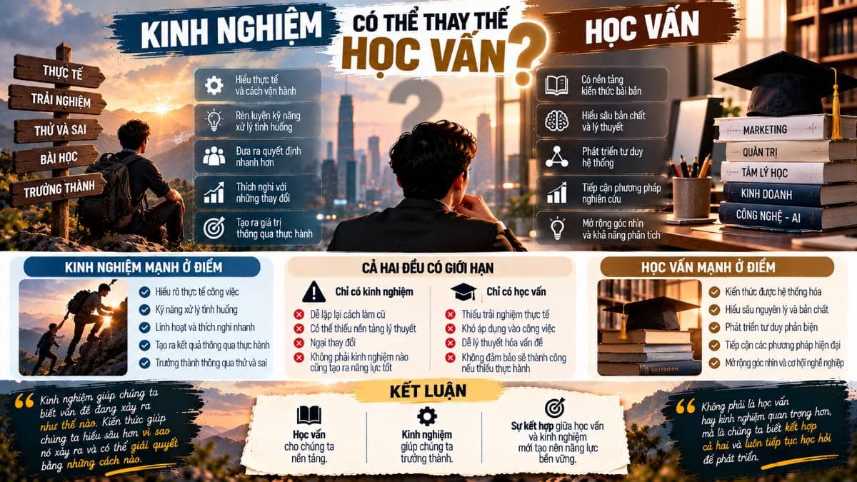 KINH NGHIỆM CÓ THỂ THAY THẾ HỌC VẤN?. Có một câu hỏi mà tôi thường suy nghĩ trong quá trình vừa đi làm  ...
