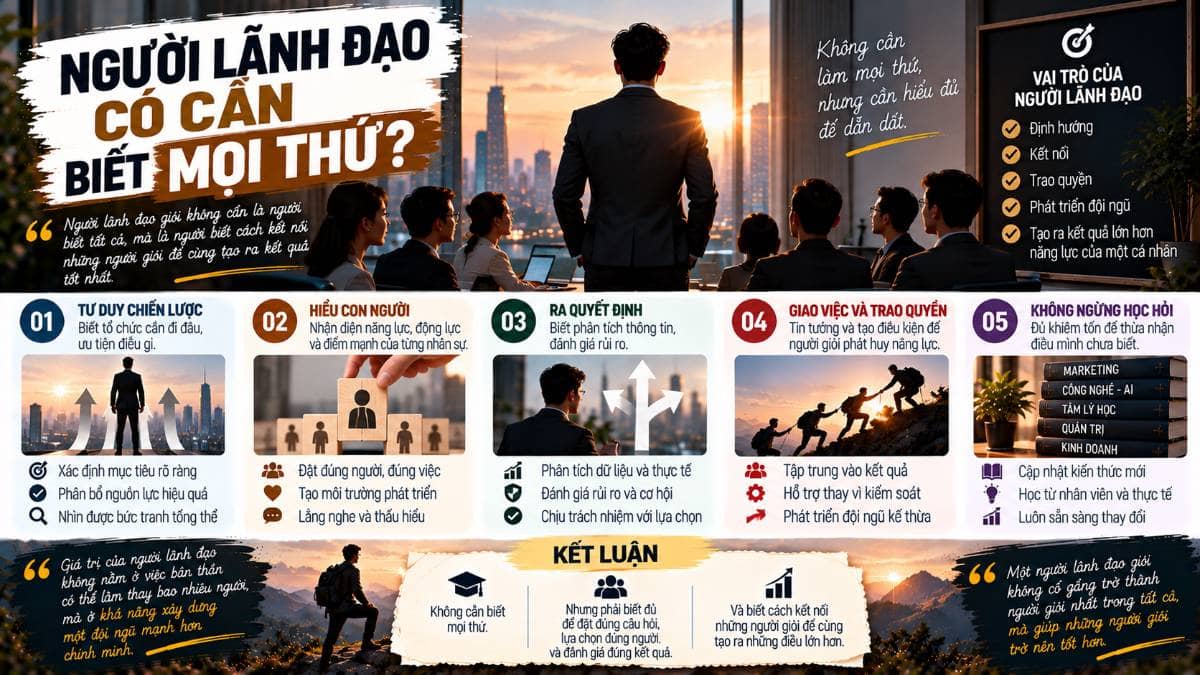 NGƯỜI LÃNH ĐẠO CÓ CẦN BIẾT MỌI THỨ?. Khi mới làm quản lý, tôi từng nghĩ rằng:. Muốn lãnh đạo tốt, mình  ...